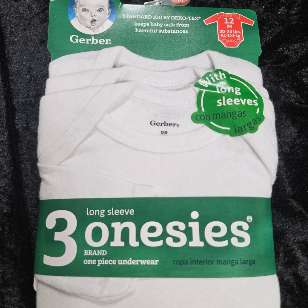 Gerber Onsies 3 Pack, White, 12M 20 - 24 lb